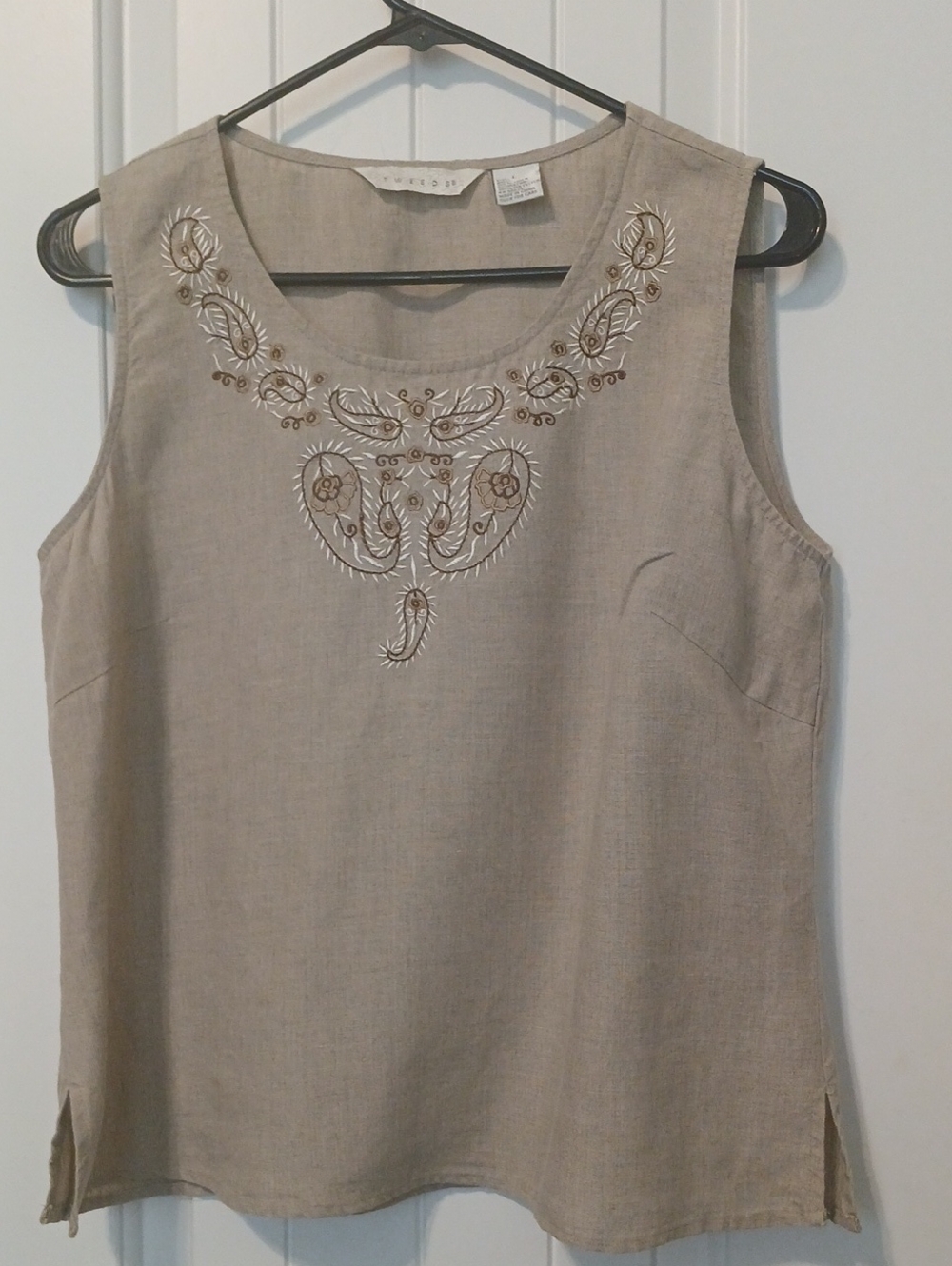 Worthington Beige Embroidered Sleeveless Linen-Blend Top